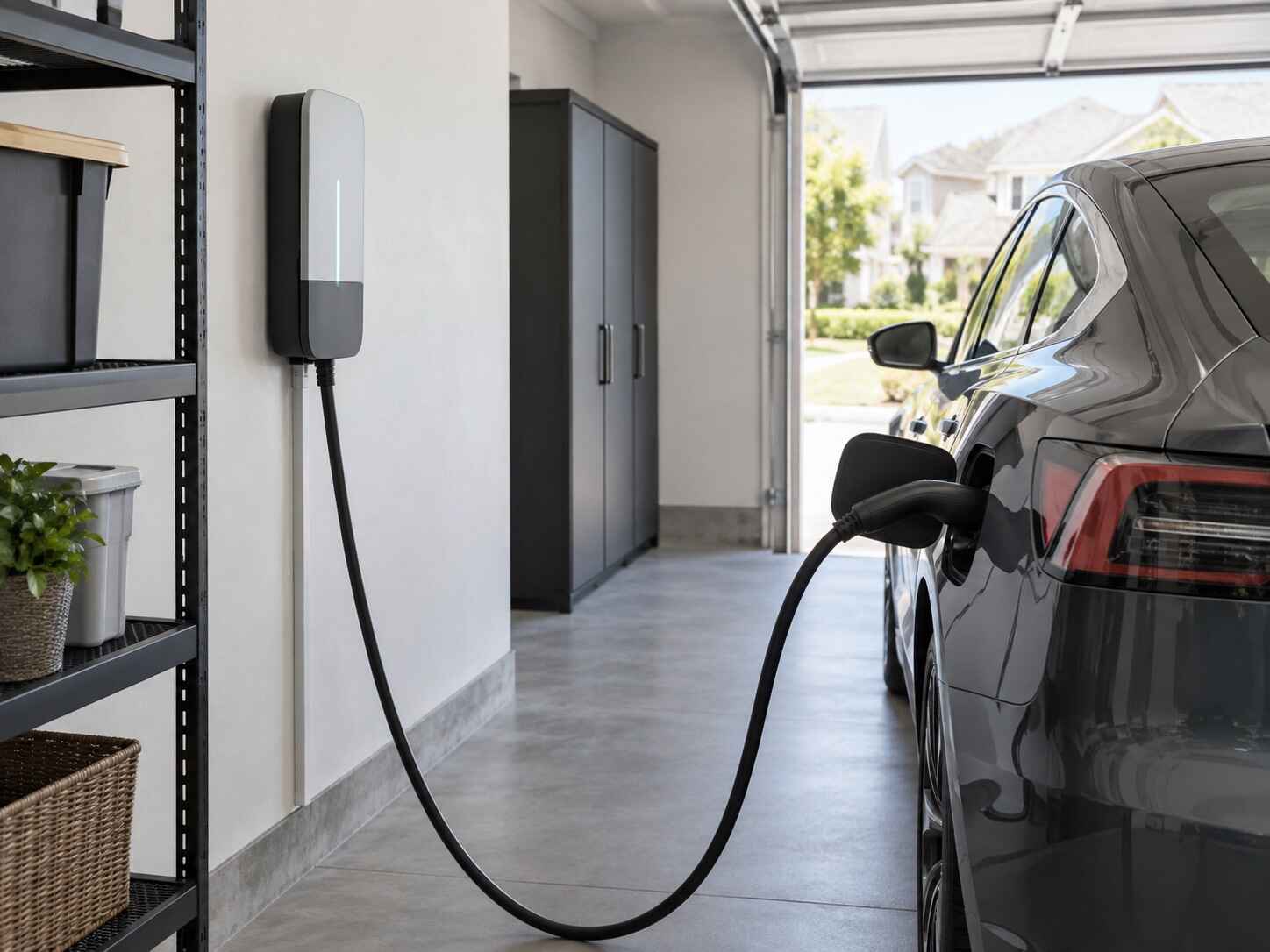 Level 2 EV charger mounted in a residential garage